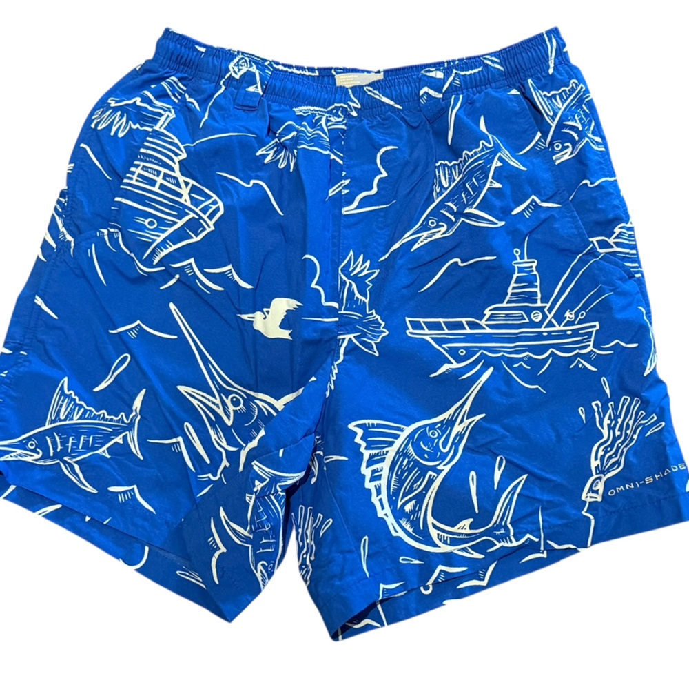 Columbia PFG Blue and White Swim Trunks in a Men’s Size Small